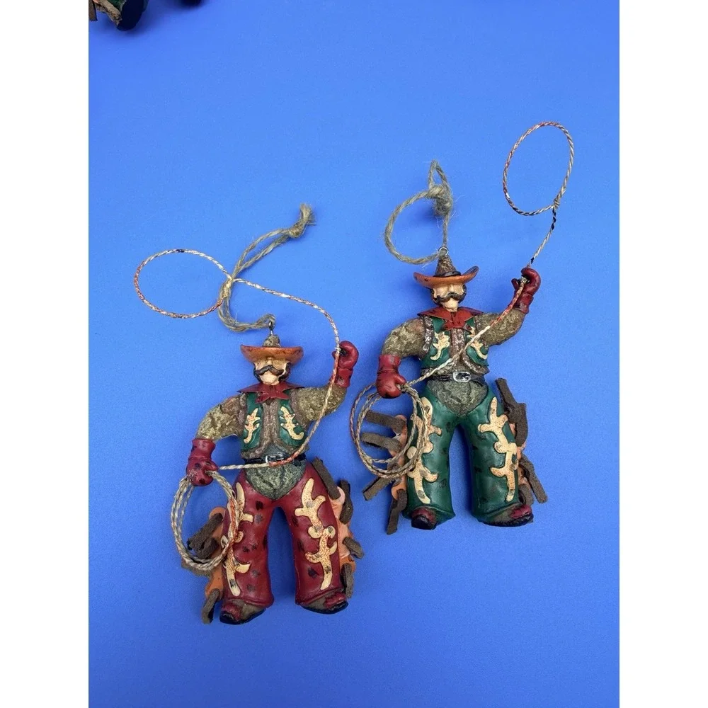 Vintage Cowboy Christmas Ornaments Set 5 Western Rodeo Lasso Suede Chaps